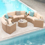 SUNSITT Outdoor Patio Furniture 11-Piece Half-Moon Sectional Round Patio Furniture Set Curved Outdoor Sofa with Tempered Glass Round Coffee Table, 4 Pillows, Natural Color Rattan SUNSITT