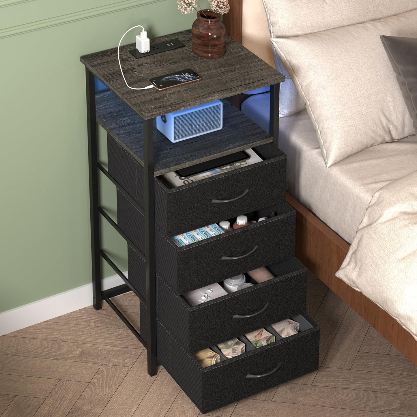 Fixwal Dressers for Bedroom Night Stand with Charging Station, LED Tall Nightstand with USB Ports and Outlets, 4 Fabric Storage Drawers with PU Finish, Small Dresser Bed Side Table, Charcoal Gray