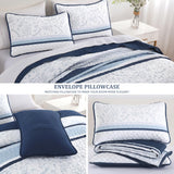 DJY Striped Quilt Set King Size, Navy Blue Boho Striped Patchwork Leaves Printed Bedspread Coverlet Set 3 Pieces Soft Lightweight Microfiber Quilted Bedding Set for All Season (104"x90") DJY