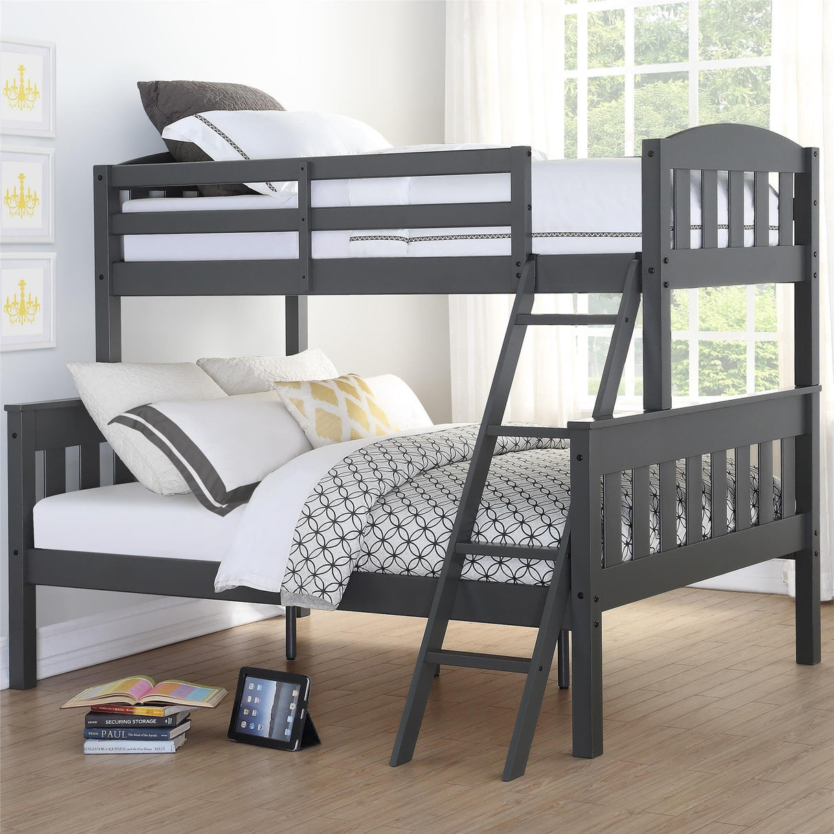 DHP Airlie Convertible Wood Bunk Bed, Stackable and Detachable Bed Frames for Kids and Teens, with Angled Ladder, High Guardrail, Wood Slats, No Boxspring Required, Twin-Over-Full, Slate Gray DHP