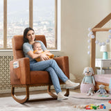 Yaheetech Rocking Chair, Leather Nursery Glider Chair, Upholstered Accent Chair with Rubber Wood Legs and Side Pockets, High Back Armchair for Living Room, Bedroom, Brown Yaheetech