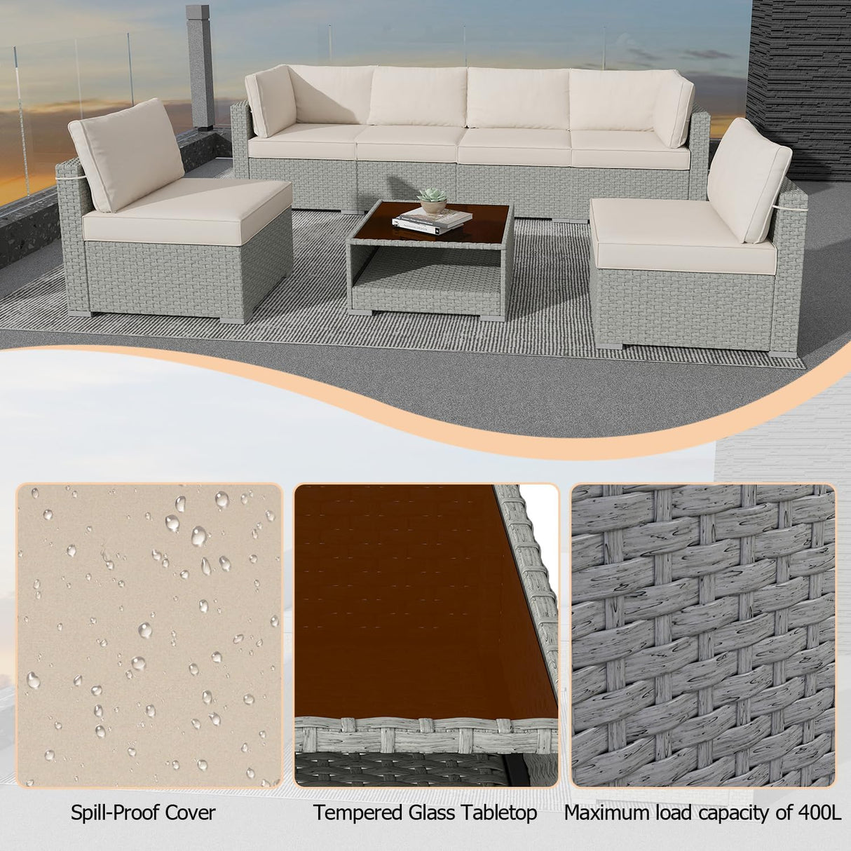 Aug-guan Patio Furniture Set 7-Piece, All-Weather Outdoor Conversation Set Sectional Sofa with Water Resistant Grey Thick Cushions and Coffee Table（Khaki） Aug-guan