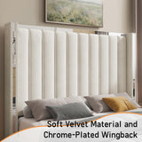 Jocisland Queen Size Bed Frame with 58" Tall Headboard, Platform Velvet Upholstered Bed with Channel Tufted Wingback Headboard and Plating Trim, No Box Spring Needed, White Cream Jocisland