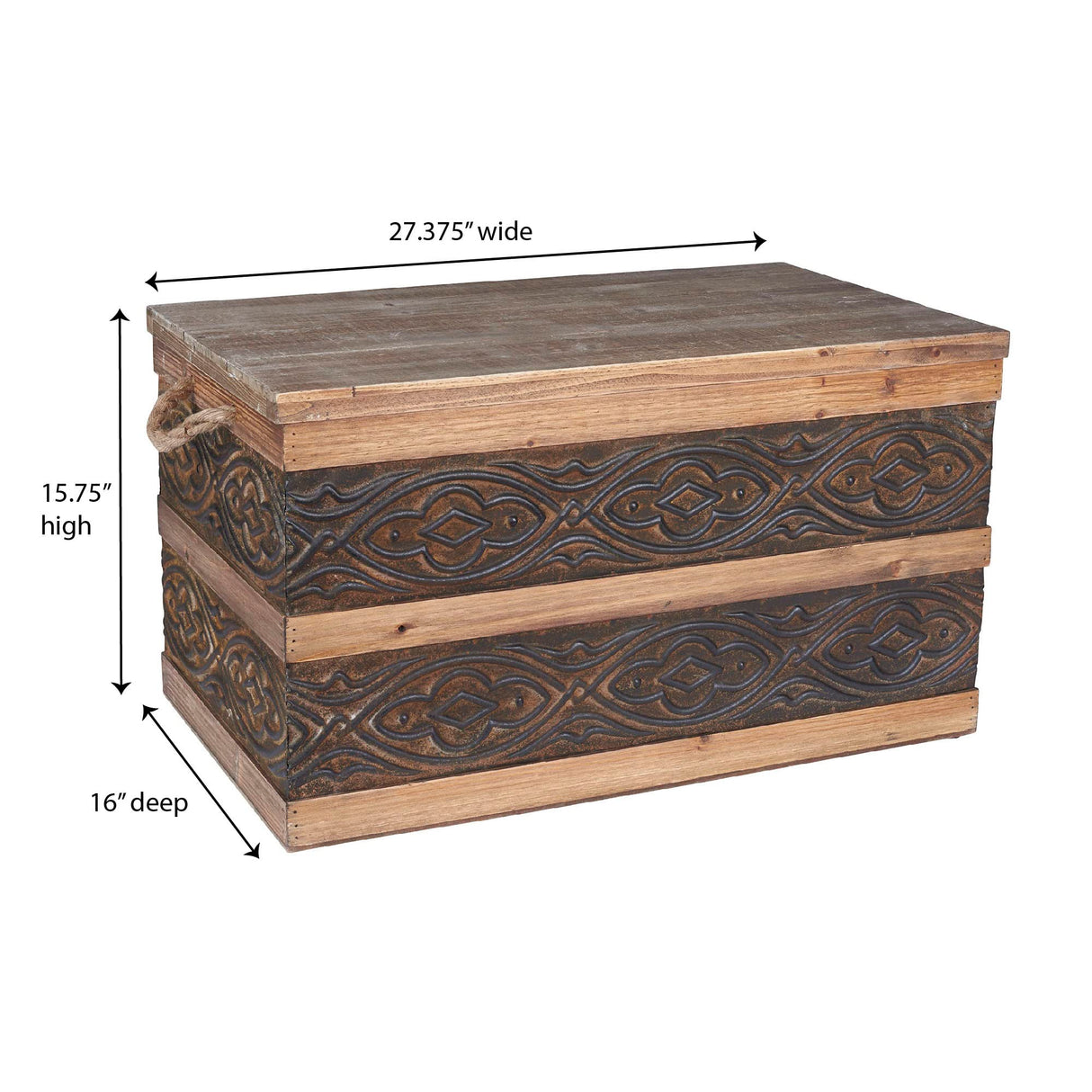 Household Essentials Decorative Trunk, Embossed Metal, Large, Chinese Fir Wood, Darkened Interior, Rope Handles, Flat and Fully Opening Lid, Handmade, Walnut and Almond Stain Household Essentials