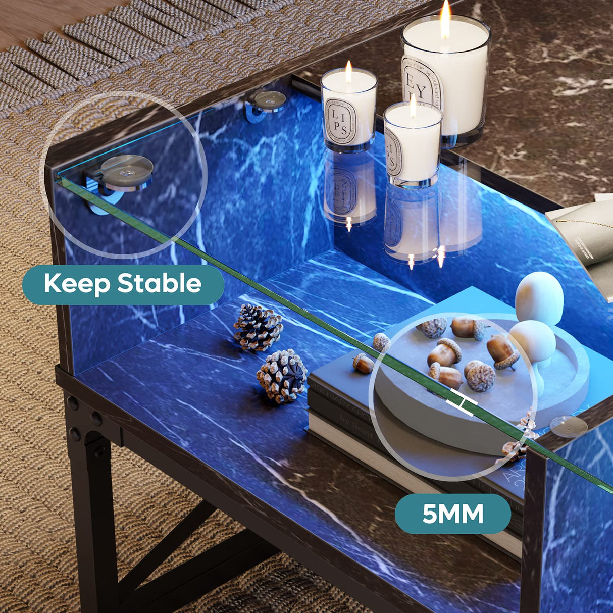 Bestier LED Coffee Tables for Living Room, 42 Inch Wood Center Table with Glass Top for Game Night. Rustic Brown Bestier