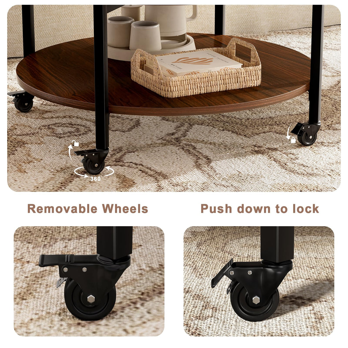 FABATO Round Lift Top Coffee Table with Wheels, Circle Center Table with Storage and Compartment, 26.77’’ Rolling Coffee Table for Living Room, 2 Tier Small Coffee Table Circle Dining Table, Espresso FABATO