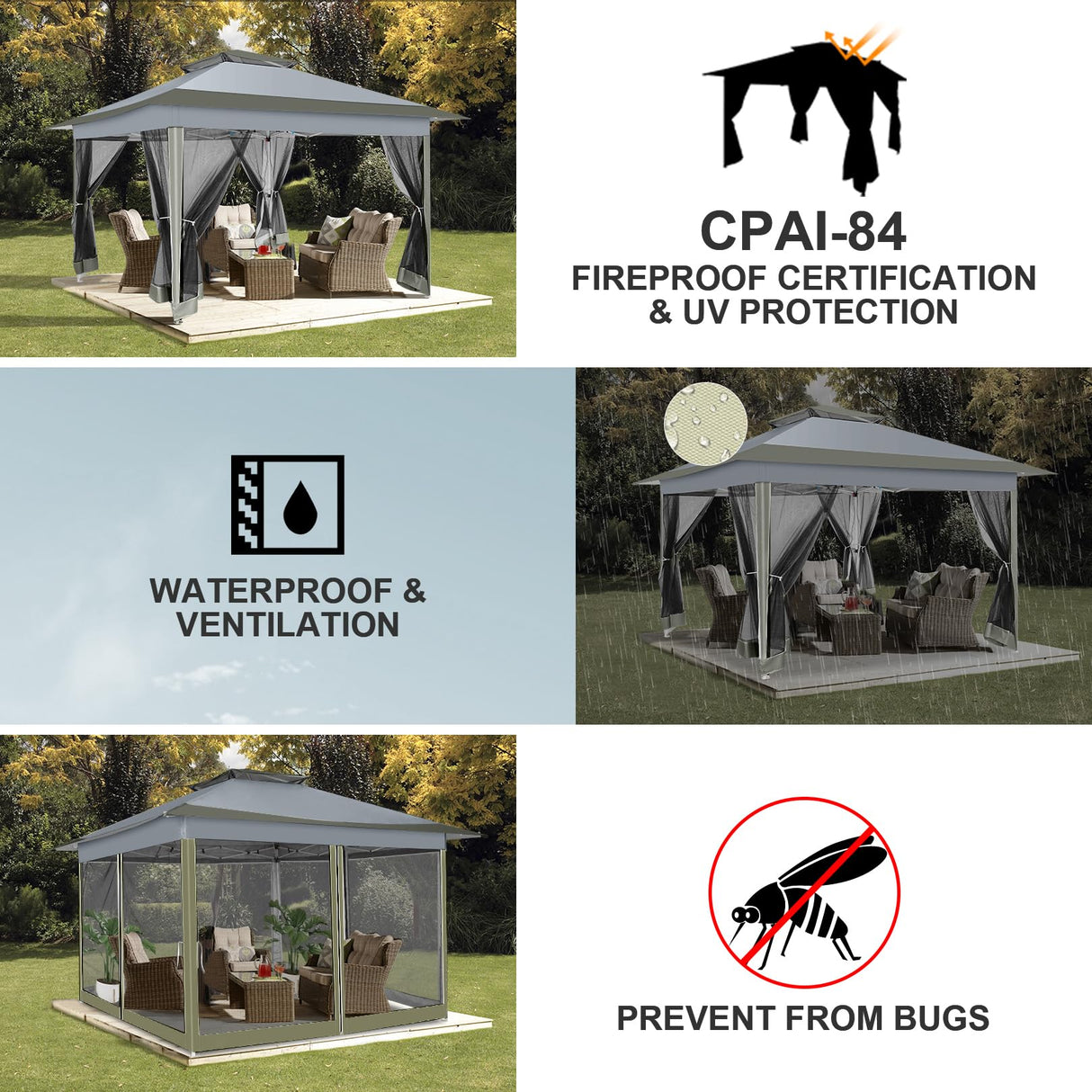 COBIZI 12x12 Pop up Gazebo on Clearance with Mosquito Netting & Sandbags, Outdoor Canopy Tent with 4 Ropes 8 Stakes & Portable Carrying Bag, Patio Portable Gazebo for Garden Backyard & Lawn,Darkgrey COBIZI