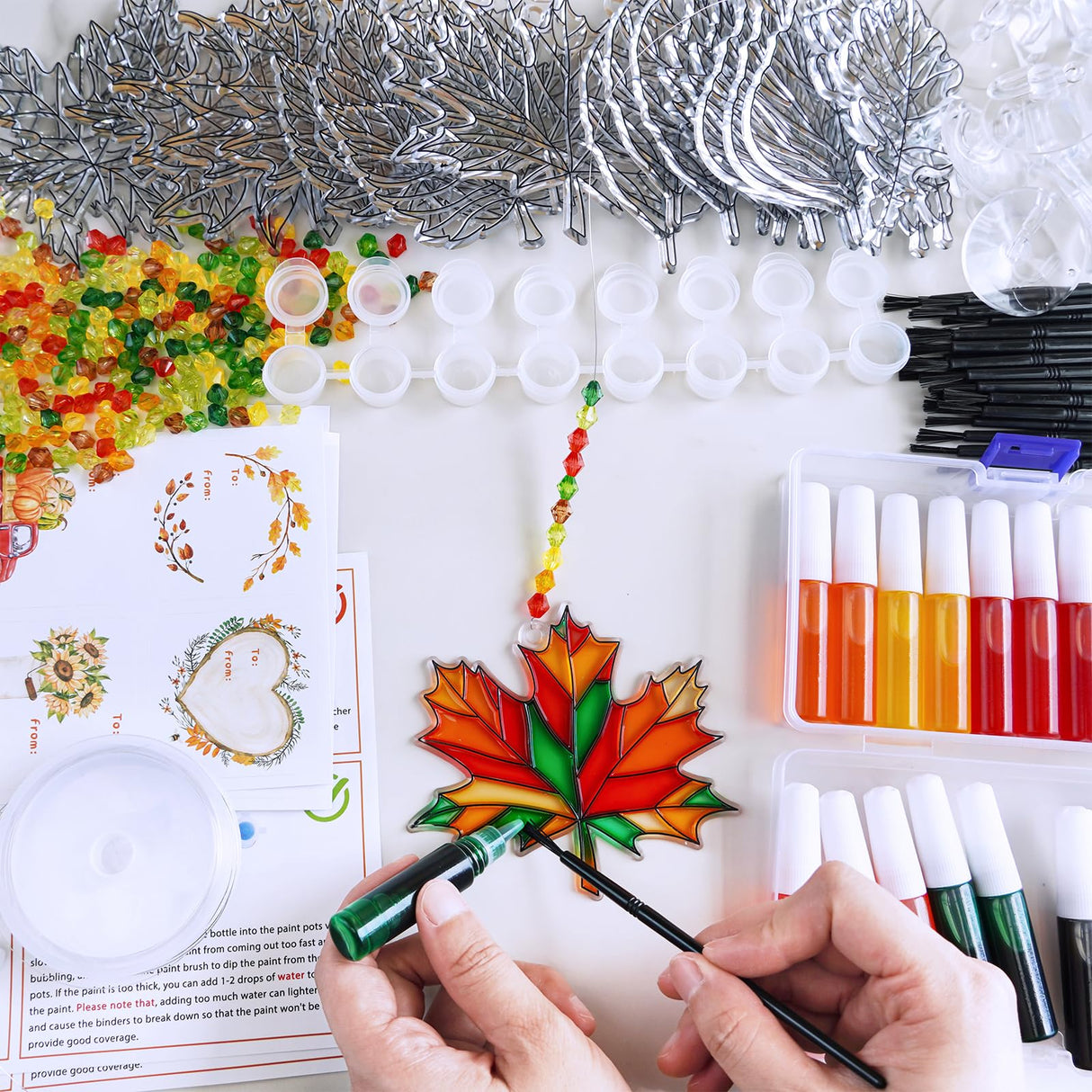 Winlyn 24 Sets Fall Leaf Suncatchers Ornaments DIY Window Paint Art Fall Craft Kits Maple Leaf Sun Catchers Painting Kits for Kids Classroom Activities Art Project Thanksgiving Autumn Party Decoration Winlyn