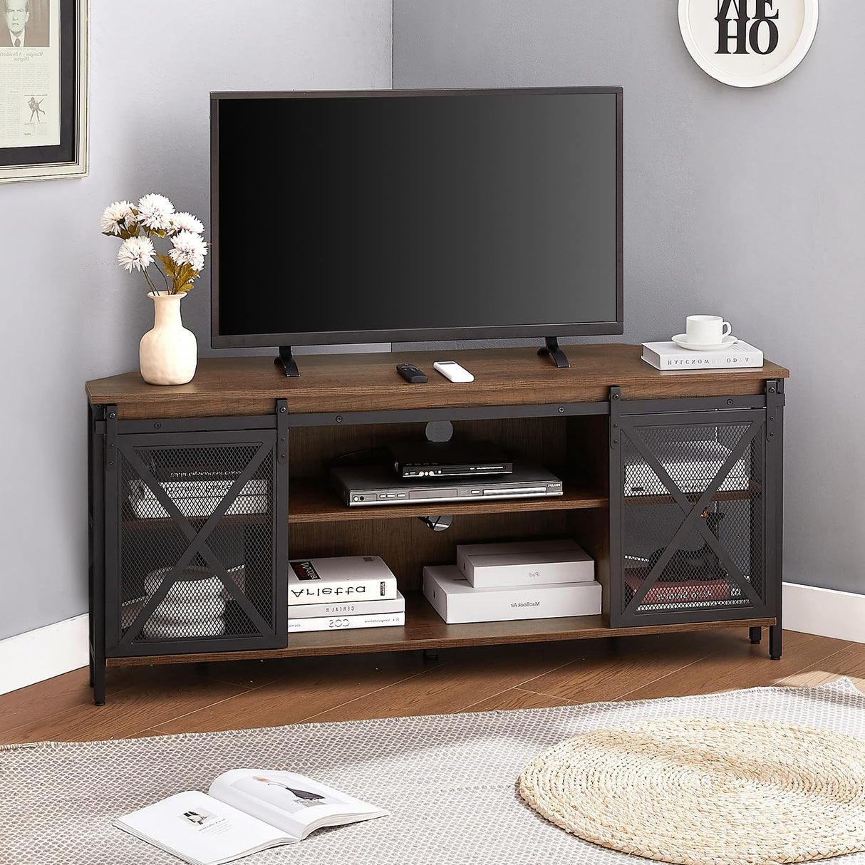 HOMISSUE Corner TV Stand for 55 Inch TV, Rustic Corner Entertainment Center with Storage, Industrial Media Console Table with Sliding Barn Door, Entertainment Center for Living Room, Brown HOMISSUE