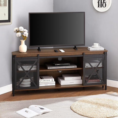 HOMISSUE Corner TV Stand for 55 Inch TV, Rustic Corner Entertainment Center with Storage, Industrial Media Console Table with Sliding Barn Door, Entertainment Center for Living Room, Brown