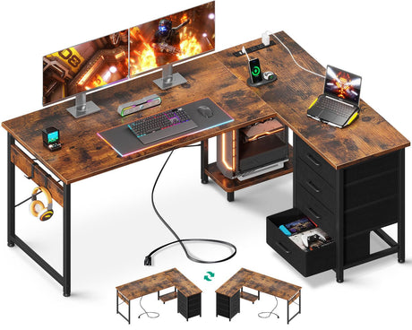 AODK L Shaped Desk with 4 Tier Drawers, 53" Reversible Gaming Desk with Power Outlets, L Shaped Computer Desk with USB Charging Port and Host Stand, Home Office Corner Desk, Easy to Assemble, Vintage AODK