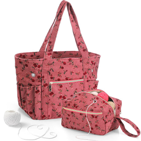 2 Pcs Crochet Bag and Tote Set Corduroy Yarn Holder Crochet Tote Bag for Hooks Vintage Flowers Organizer Yarn Holder for Ideal Mother's Day Gift Knitting Lovers Accessories Bulyoou