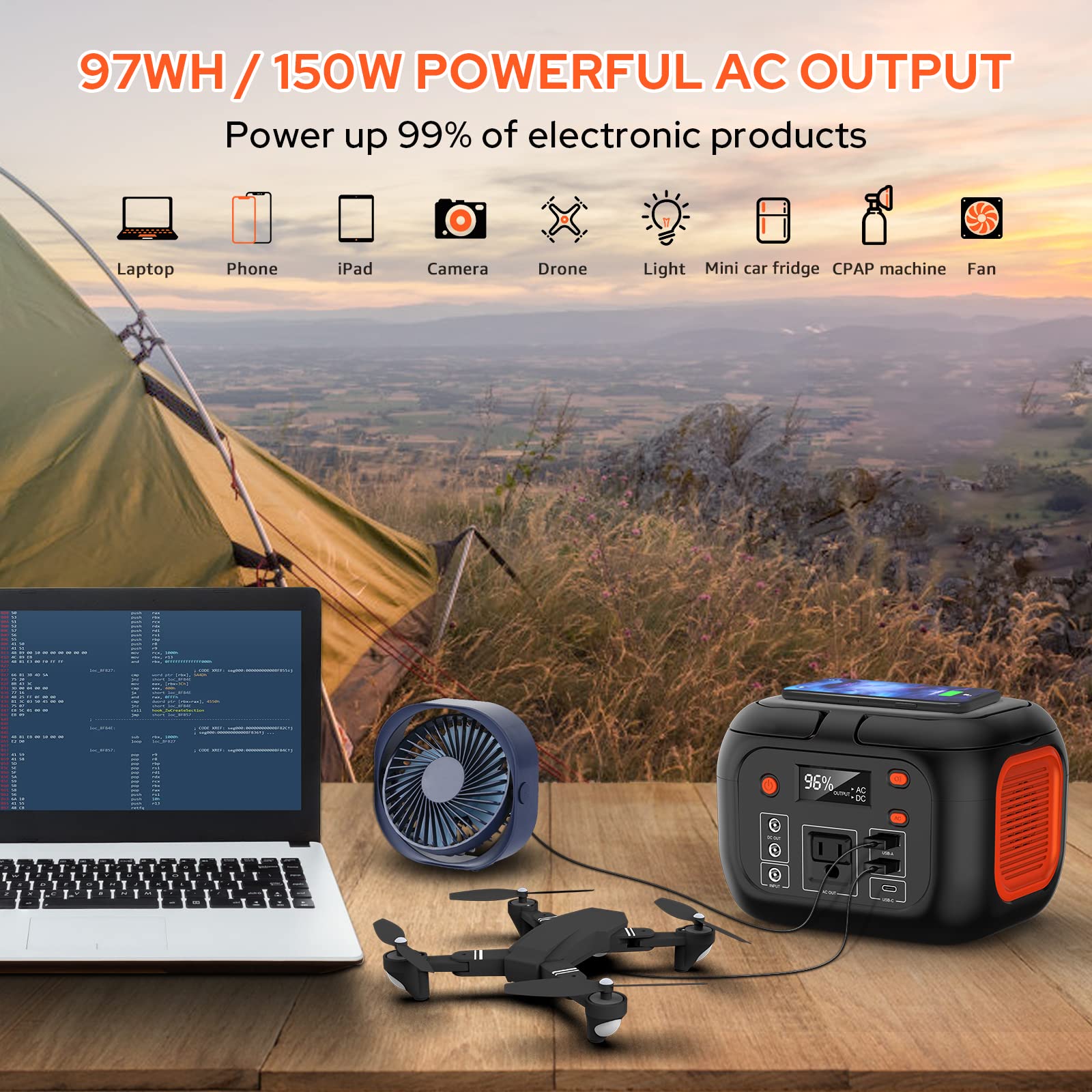 Portable Power Station 97Wh Power Bank 26400mAh Battery Pack Fasting Charging 150W AC Outlet Solar Generators with Wireless Charging Battery Bank LED Flashlight Power Supply for Camping RV Em - WoodArtSupply