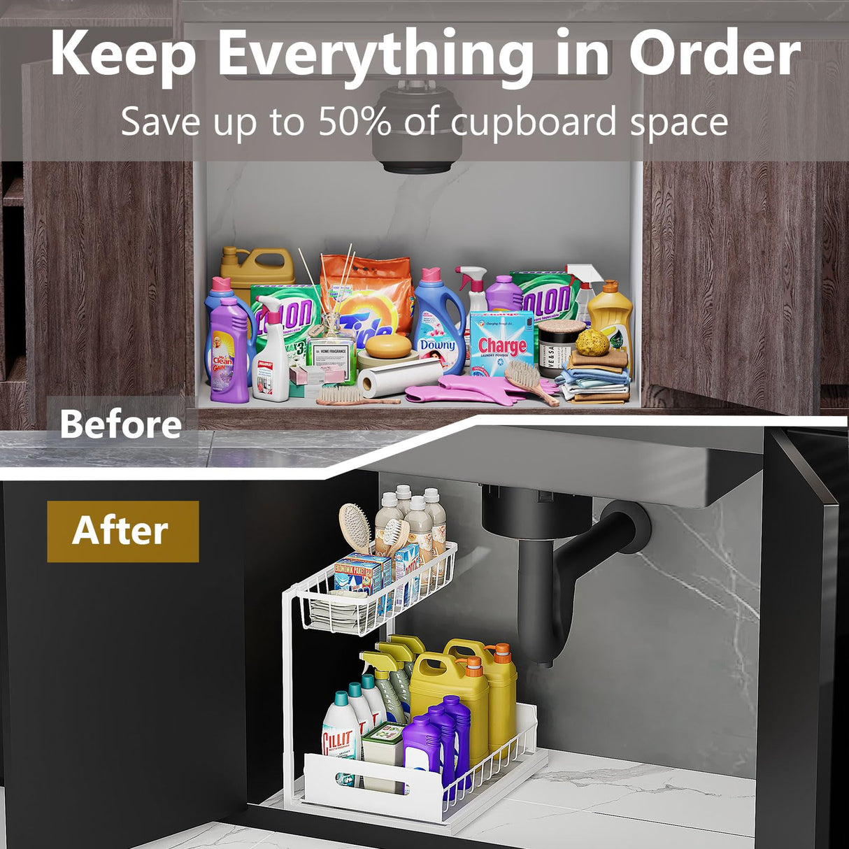 Ceetug Under Sink Organizers and Storage 2 Tier Slide Out Kitchen Cabinet Organizer Sturdy Metal Bathroom Storage (White, 1 Pack) Ceetug