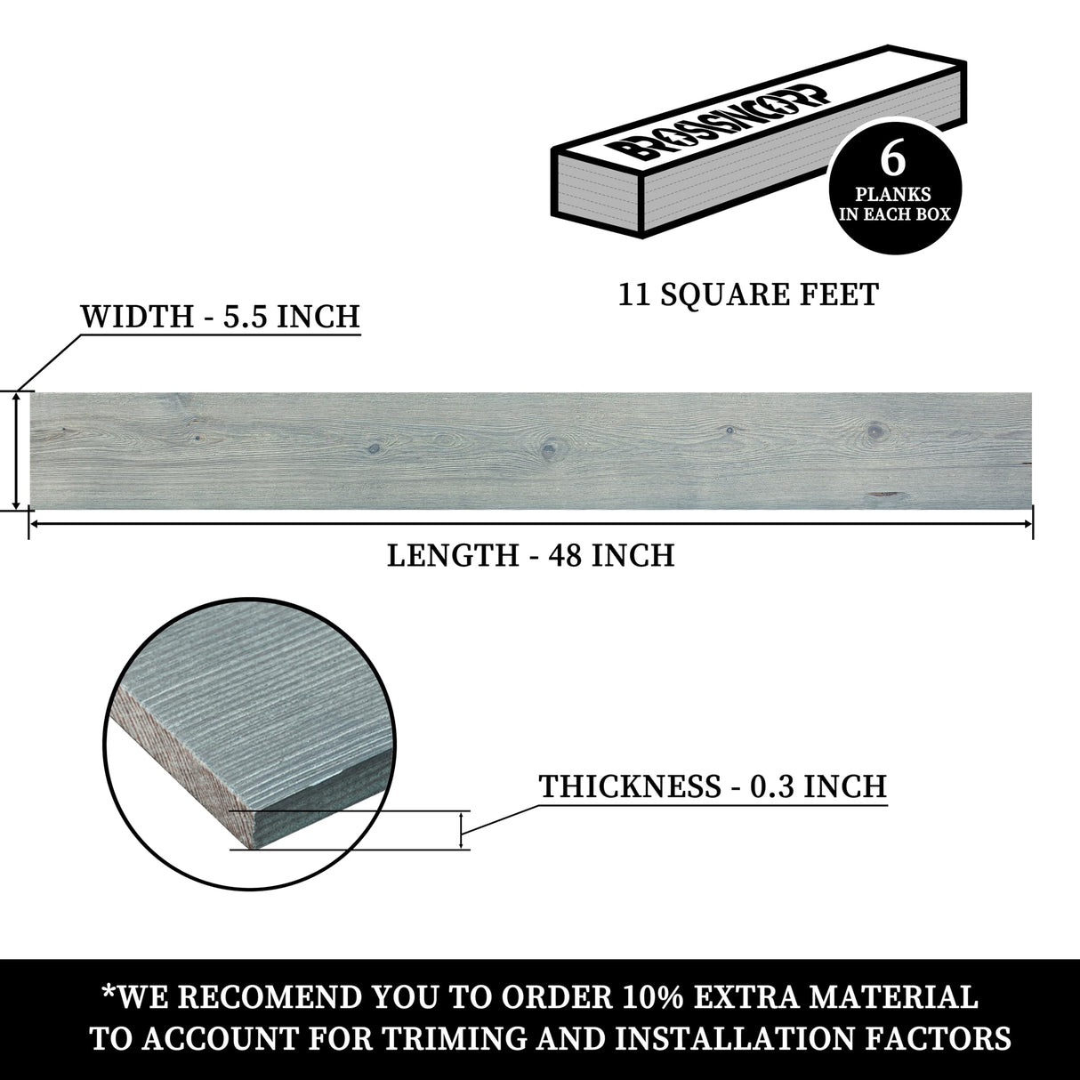 Brosisincorp Nail Up Real Barn Wood Planks, Thicken Rustic Reclaimed Wood Panel for Accent Walls, 11 Sq.Ft, 6 Pack, 48" L X 5.5" W X 0.3" Th - Charcoal Gray Brosisincorp