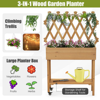 Toolsempire Raised Garden Bed with Trellis, Fir Wood Elevated Planter Bed with Legs, 2 Lockable Wheels & Storage Shelf, Wooden Planter Box Raised Bed for Gardening, Backyard, Balcony & Greenhouse