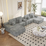 KEIKI 150" U-Shaped Oversized Corduroy Modular Sectional Sofa with 2 Ottomans and Multi Functional Console, 6-Seater Upholstered Couch with USB and 2 Cup Holder, Easy Assembly, for Living Room, Grey KEIKI