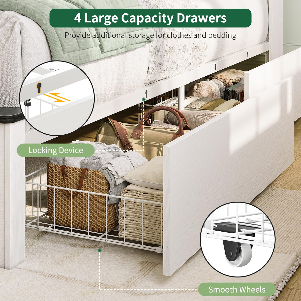 Yoobure Queen Bed Frame with Headboard - Farmhouse Wood Bed Frames Queen Size with 4 Storage Drawers, Platform Beds with Charging Station & LED Light, No Noise Double Bedframe, No Box Spring Needed Yoobure