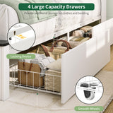 Yoobure Queen Bed Frame with Headboard - Farmhouse Wood Bed Frames Queen Size with 4 Storage Drawers, Platform Beds with Charging Station & LED Light, No Noise Double Bedframe, No Box Spring Needed Yoobure