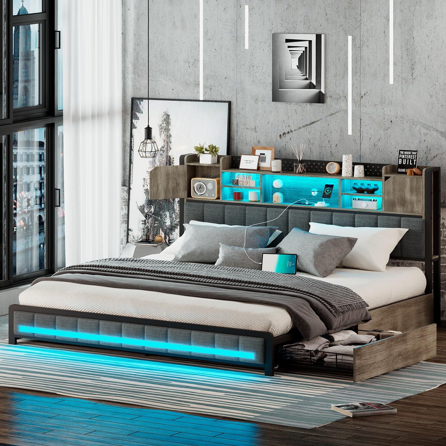 Full Size Heavy Duty Metal Bed Frame with Bookcase Headboard, LED Lights, Charging Station & Storage Drawers in Charcoal Gray - WoodArtSupply