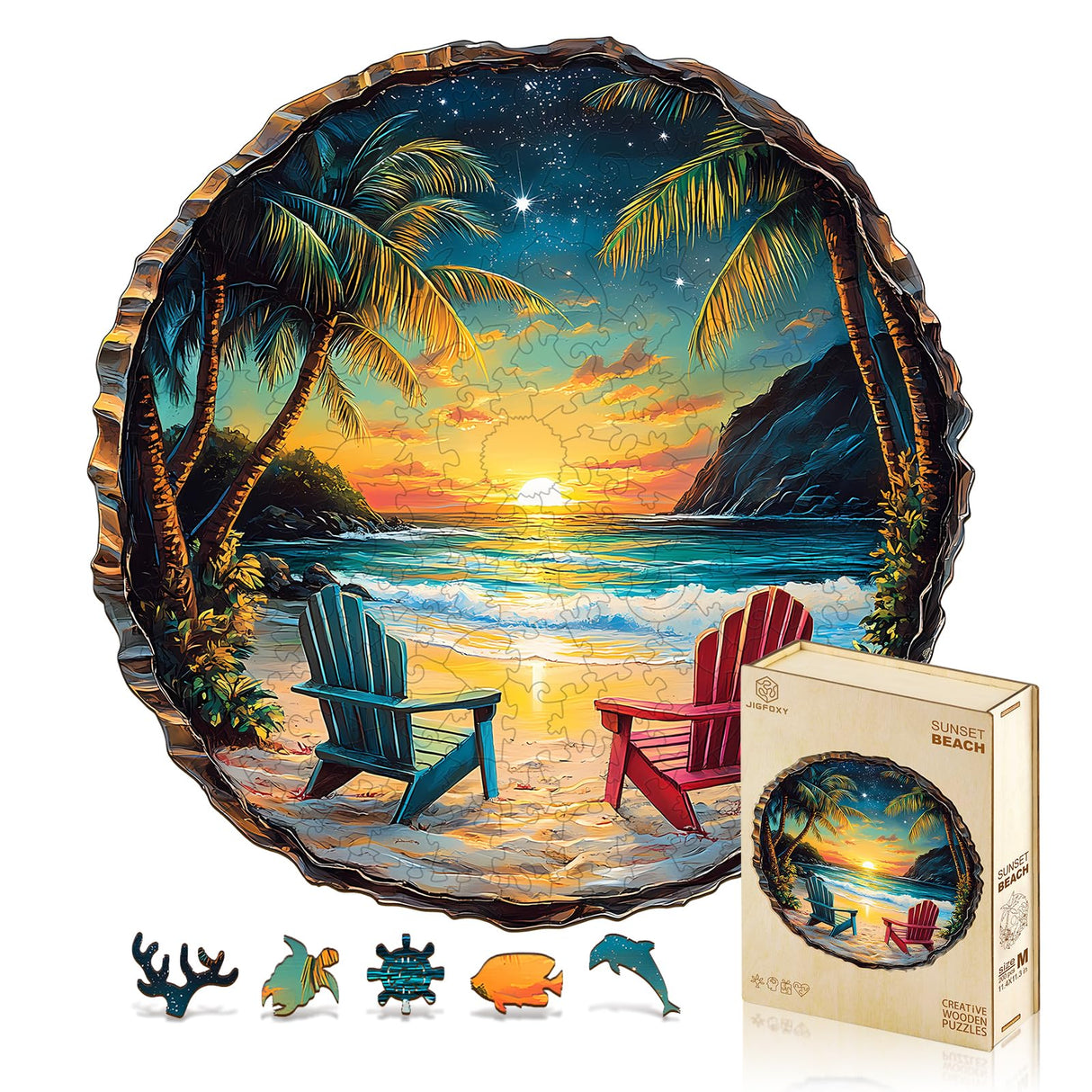Jigfoxy Wooden Puzzle for Adults,Sunset Beach Wooden Jigsaw Puzzles for Adults, Unique Animal Shape Wood Cut Puzzles for Family Friend Puzzle Lovers(M-11.4 * 11.3in-200pcs) Jigfoxy
