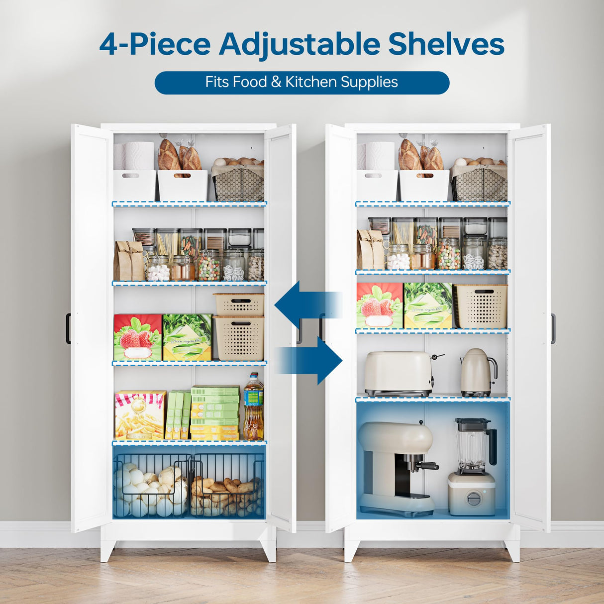 PEUKC 75" Farmhouse Metal Storage Cabinet with Doors and 4 Adjustable Shelves, Large Pantry Organizer for Kitchen, Dining Room, and Living Room,Assemble Require(White) PEUKC