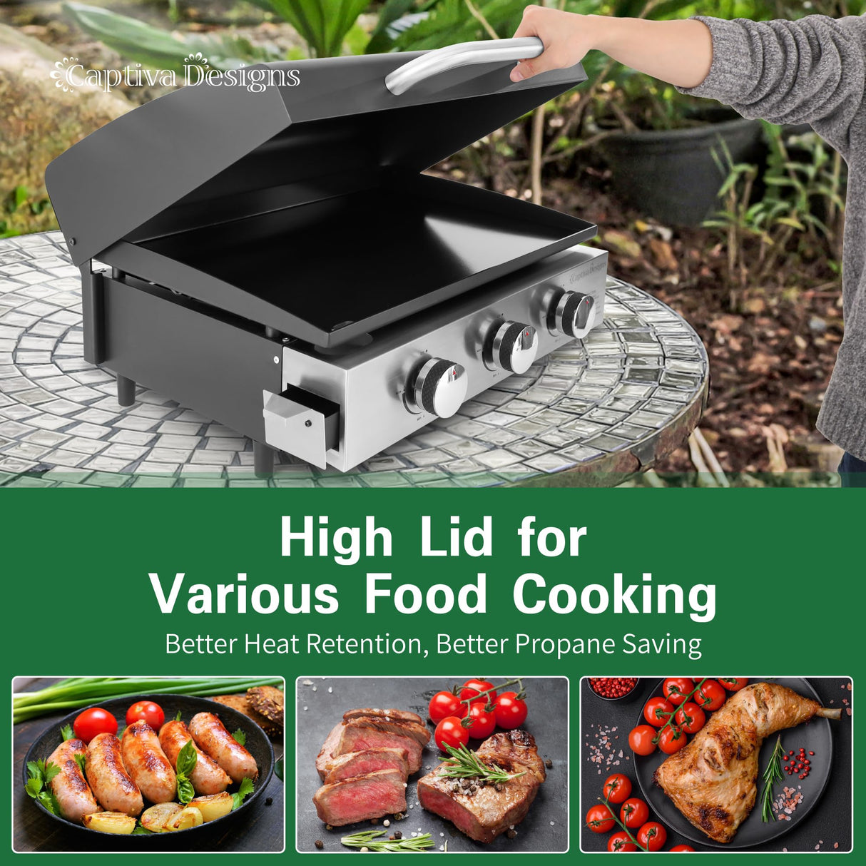 Captiva Designs 22 in Flat Top Grill with Ceramic Coated Cast Iron Pan, Portable Tabletop Propane Gas Griddle Grill for Camping, Outdoor & Tailgating Barbecue, 24,000 BTU Output, 3 Burners Captiva Designs