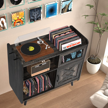 HOKYHOKY Record Player Stand with Vinyl Storage 350 Albums Large Turntable Stand w/Sliding Door, Record Player Table w/LED, Record Shelf Stereo Cabinet w/Outlets, 34”L x 31.5”H, Dark Rustic Oak