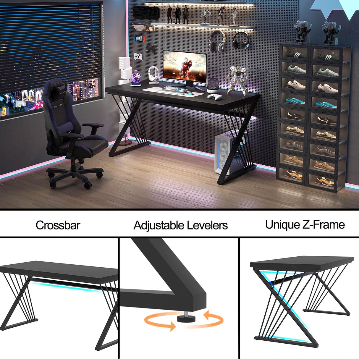 FOLUBAN Black Desk, Modern Wood and Metal Computer Desk for Home Office, Simple Writing Work PC Desks for Bedroom, Industrial Study Gaming Table for Living Room, Black, 53 Inch FOLUBAN