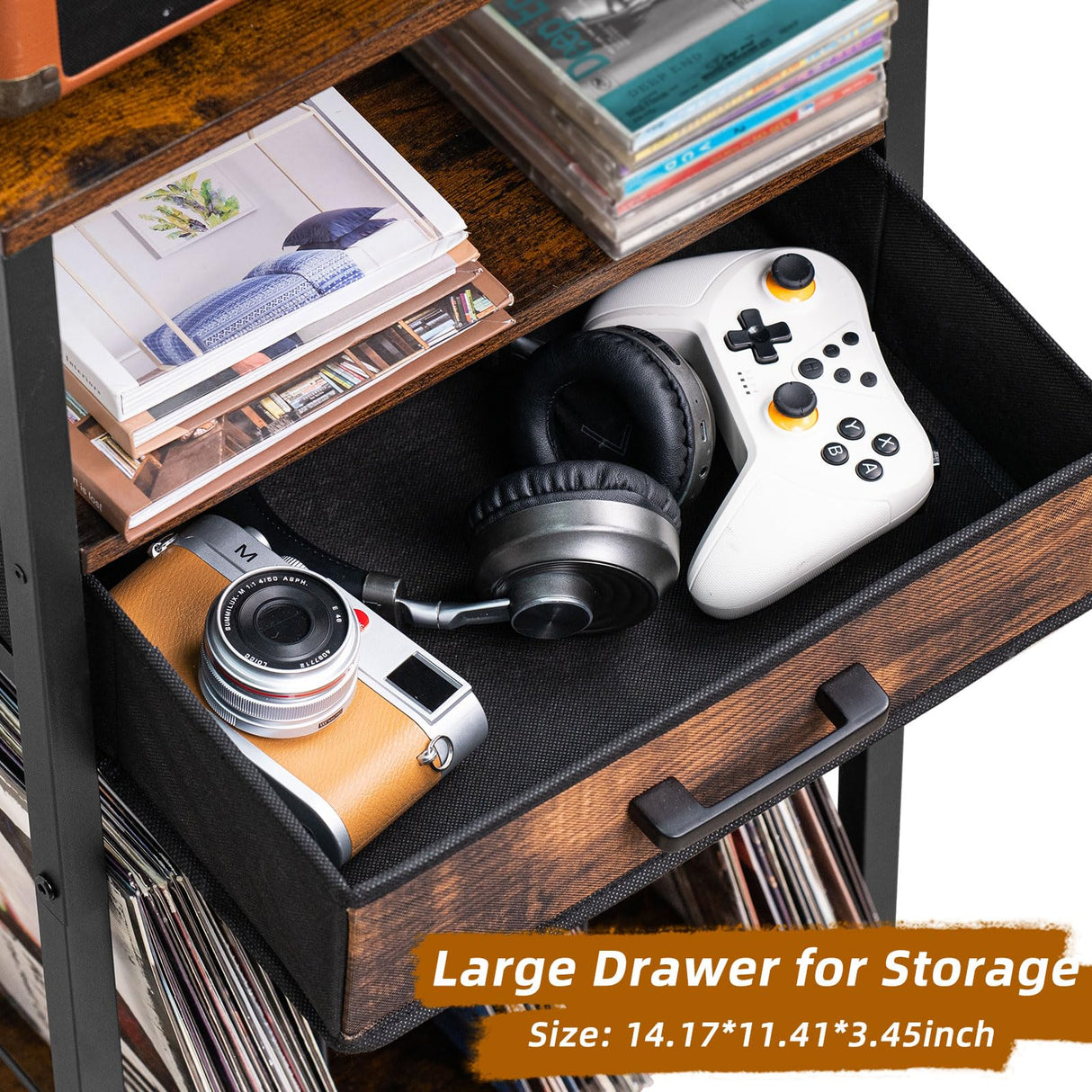 LELELINKY Record Player Stand with Fabric Drawer, 3 Tier AV Media Stands with Charging Station and USB Ports,Turntable Rack with Storage Up to 100 Vinyl Albums, Brown DVD Video Game Console Shelf LELELINKY