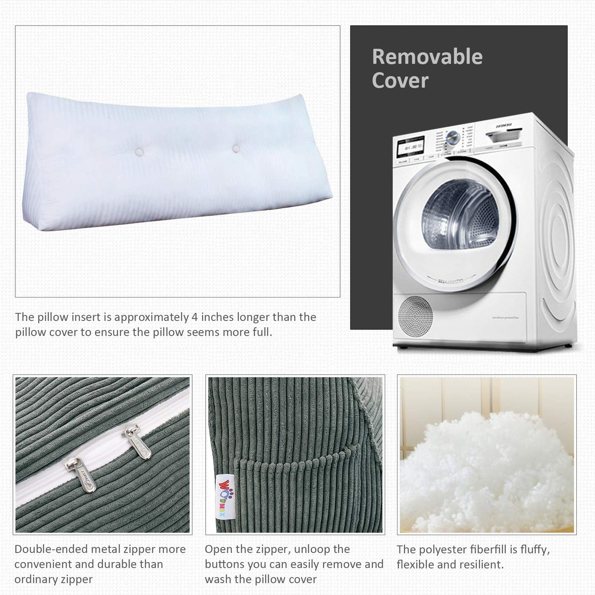 WOWMAX Large Bolster Triangular Positioning Support Reading Backrest Wedge Pillow for Headboard for Day Bed Bunk Bed with Removable Cover No Button Grey Queen WOWMAX