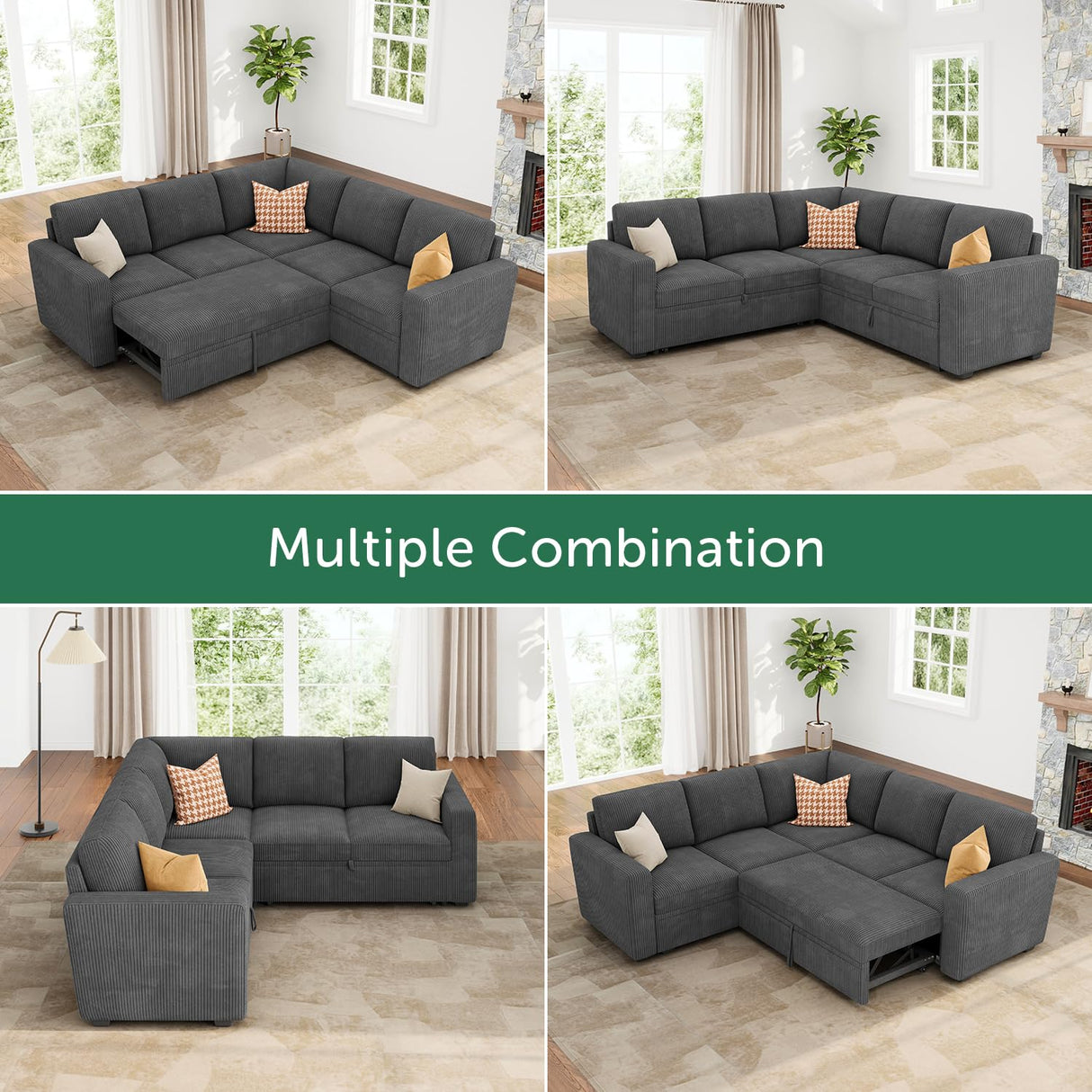 HONBAY Modular Sectional Sleeper Sofa with Pull Out Bed, Corduroy L Shaped Couch with Storage Seats, Convertible Sectional Couches for Living Room, Dark Grey HONBAY