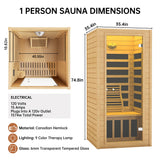 springspa Far Infrared Sauna 1 Person Indoor Sauna Spa Room, Canadian Hemlock Wooden Infrared Saunas for Home with Low Emf Lighting, Bluetooth Speakers, LCD Control Panel, 9 Chromotherapy springspa
