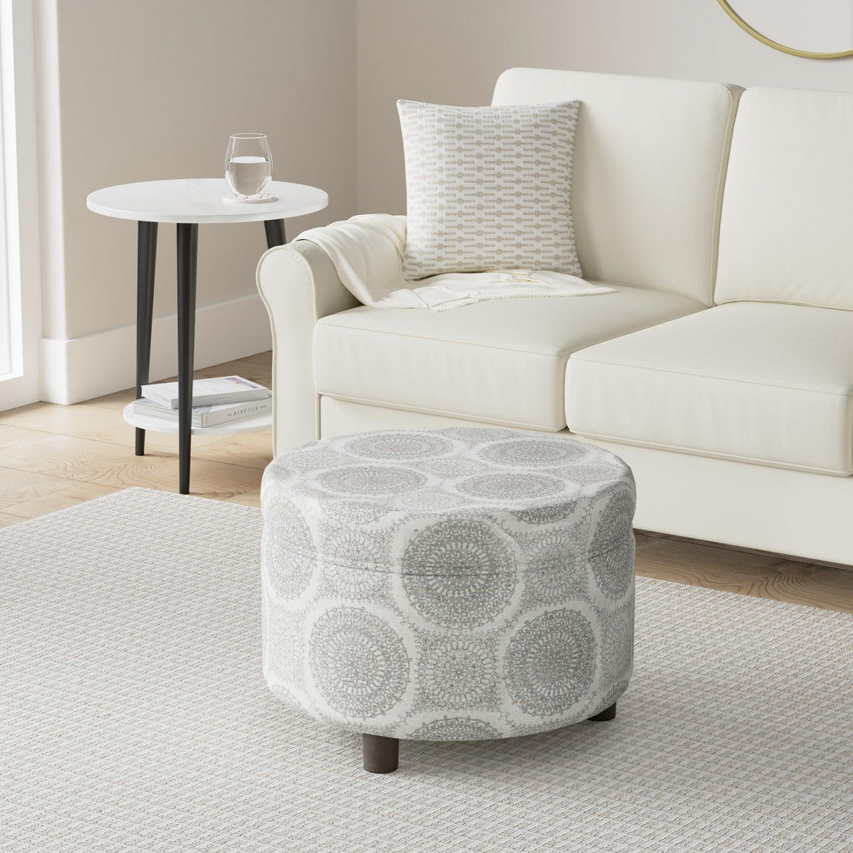 Homepop Home Decor | Upholstered Round Storage Ottoman | Ottoman with Storage for Living Room & Bedroom (Grey Medallion) 24.0 In. X 24.0 In. X 17.0 In. HomePop