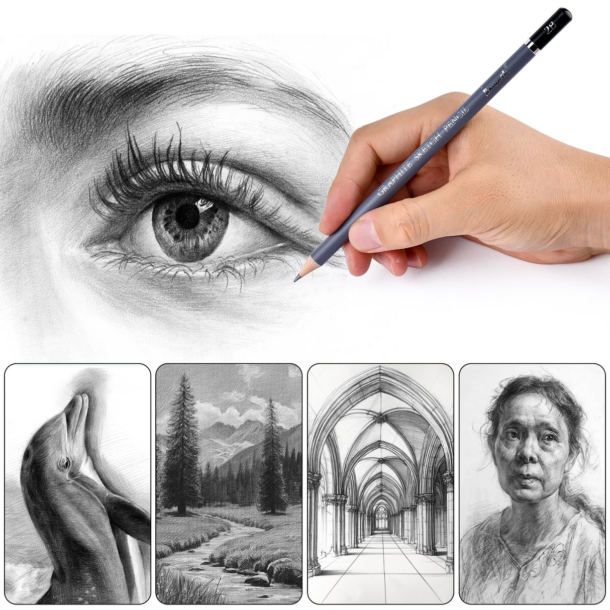 Brusarth Professional Sketch Pencils for Drawing Set - Graphite Pencils (4H-10B), Graphite Sticks, Erasers and Sharpener, Art Pencils for Sketching- Ideal for Artists and Beginners,17Pcs Brusarth