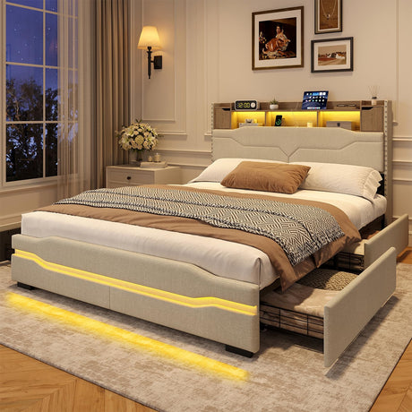 Maupvit Queen LED Bed Frame with Storage Headboard, 4 Storage Drawers & Charging Station, Metal Support Base, No Box Spring Needed, Beige Maupvit
