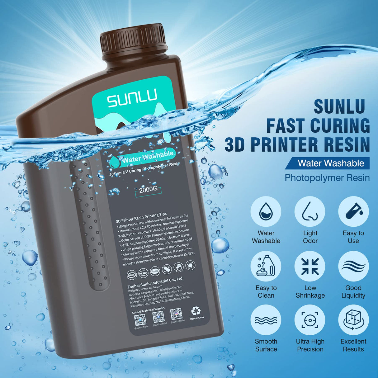 SUNLU Water Washable Resin 2000g, Fast Curing 3D Printer Resin for LCD DLP SLA Resin 3D Printers, 395 to 405nm UV Curing 3D Printing Liquid Photopolymer Resin, Low Shrinkage High Precision, 2kg, Black SUNLU