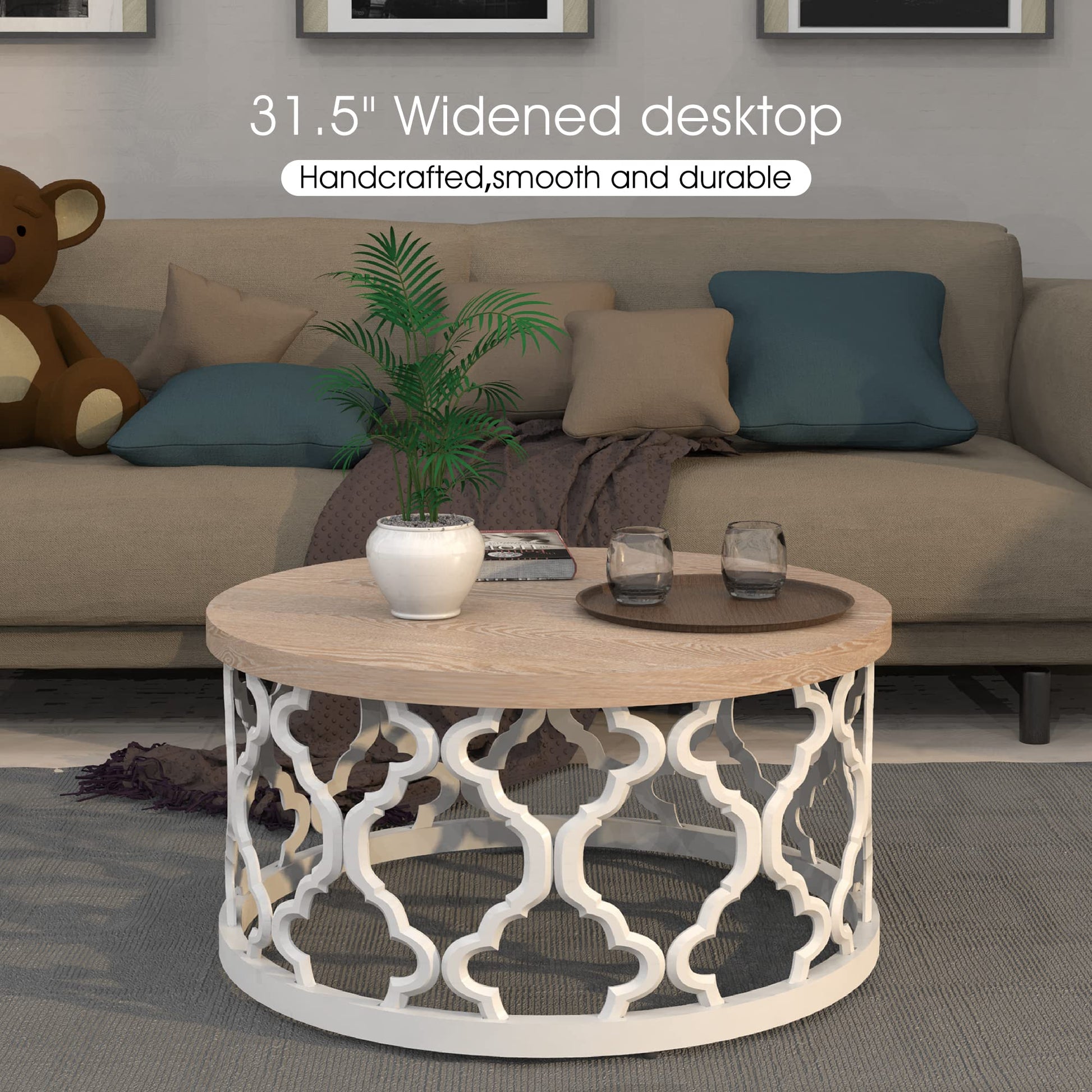 Clredg Round Farmhouse Coffee Table, Wood Grain Top Table with Curved Motif Frame Base for Rustic, Boho, Rustic, French Country Decor, Traditional White - WoodArtSupply