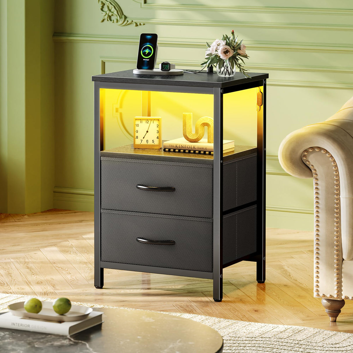 Huuger Night Stand with Charger Station and LED Lights, 2 Drawer Nightstand, Bed Side Table with Open Shelf, End Table, Fabric Dresser for Bedroom, Black Huuger