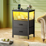 Huuger Night Stand with Charger Station and LED Lights, 2 Drawer Nightstand, Bed Side Table with Open Shelf, End Table, Fabric Dresser for Bedroom, Black Huuger