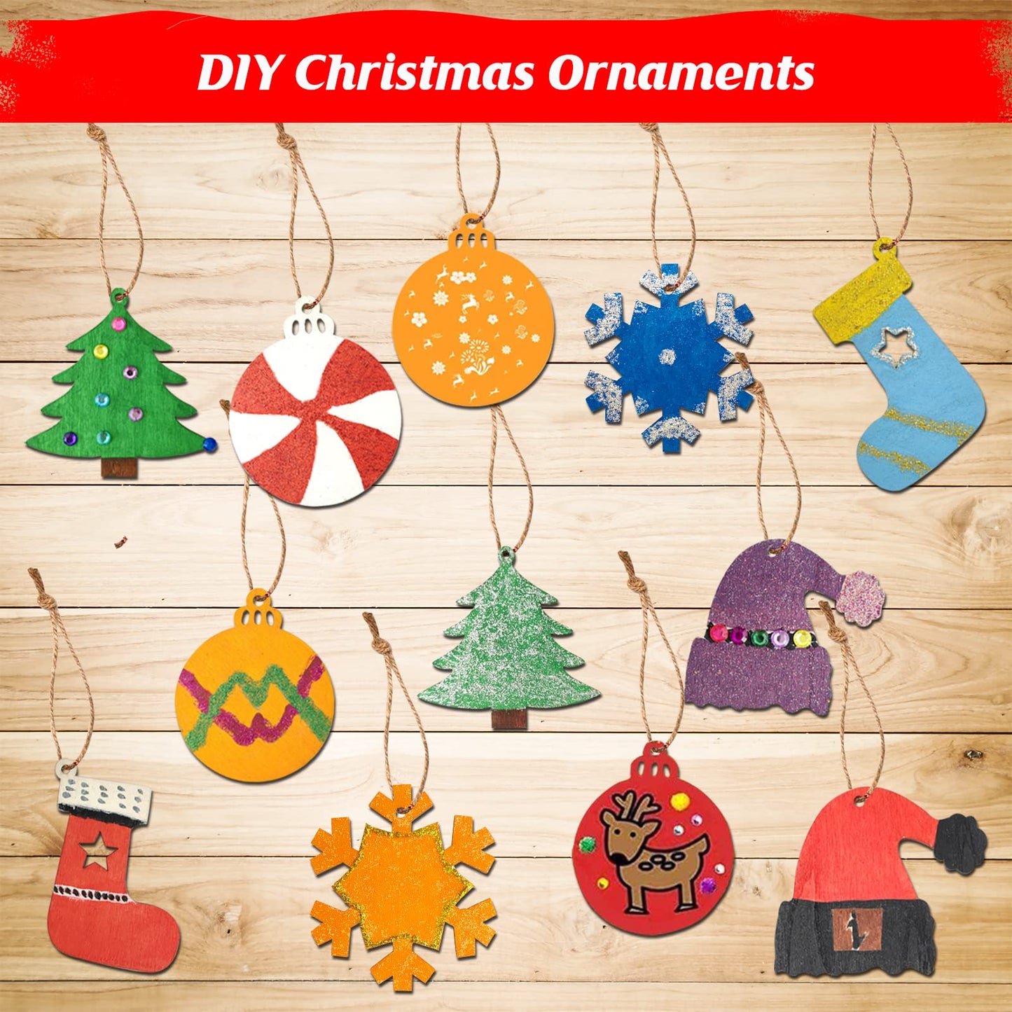 Christmas Wooden Painting Craft Kit, Paint Your Own Xmas Ornaments, Unfinished Wood Slices Christmas Crafts for Kids Adults, Art and Craft Supplies for Christmas Tree Hanging Decorations