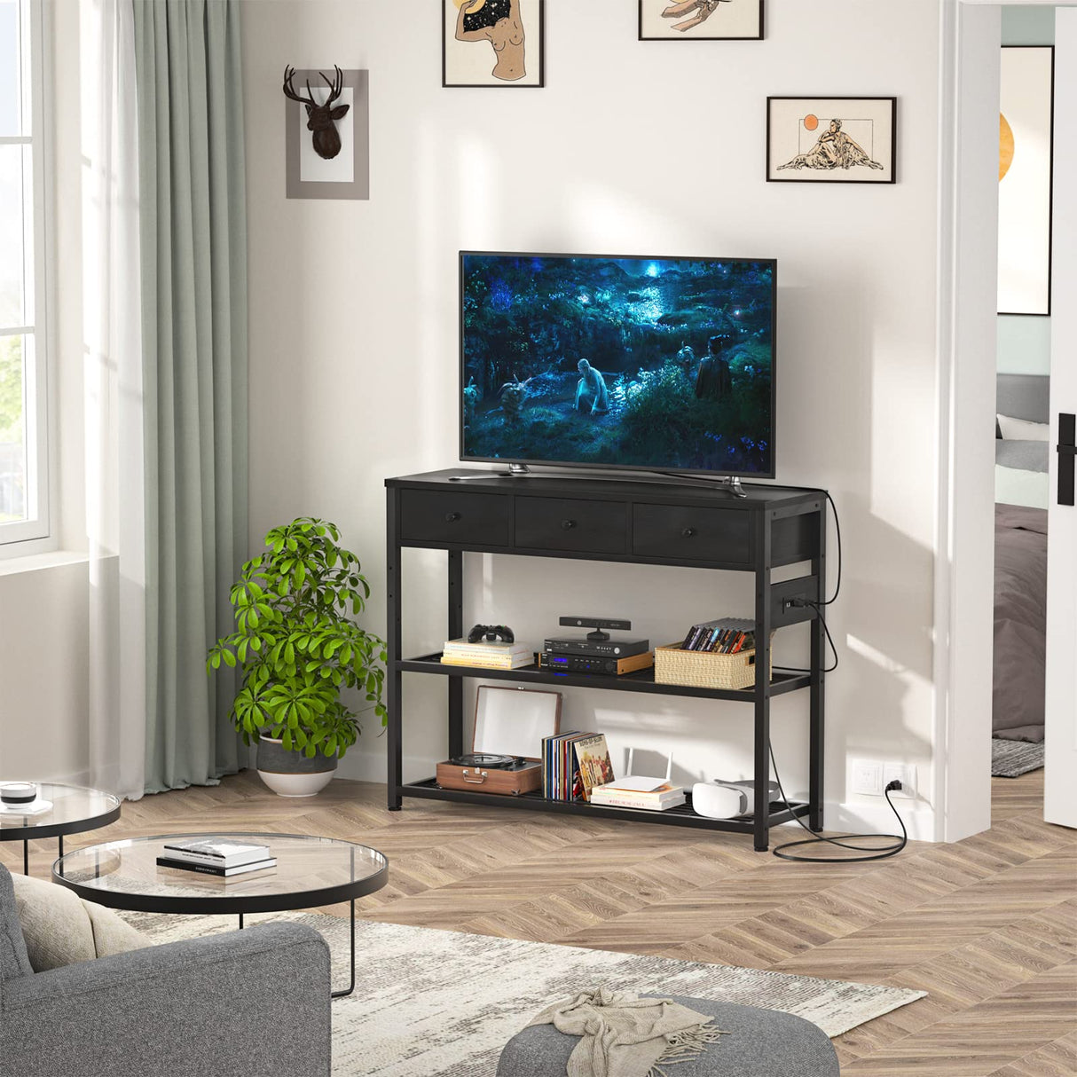 Ecopriso 47'' Entryway Table with Outlets and USB Ports, Console Table with 3 Drawers, Sofa Table Narrow Long with Storage Shelves for Living Room, Couch, Hallway, Foyer, Kitchen Counter, Black Ecoprsio