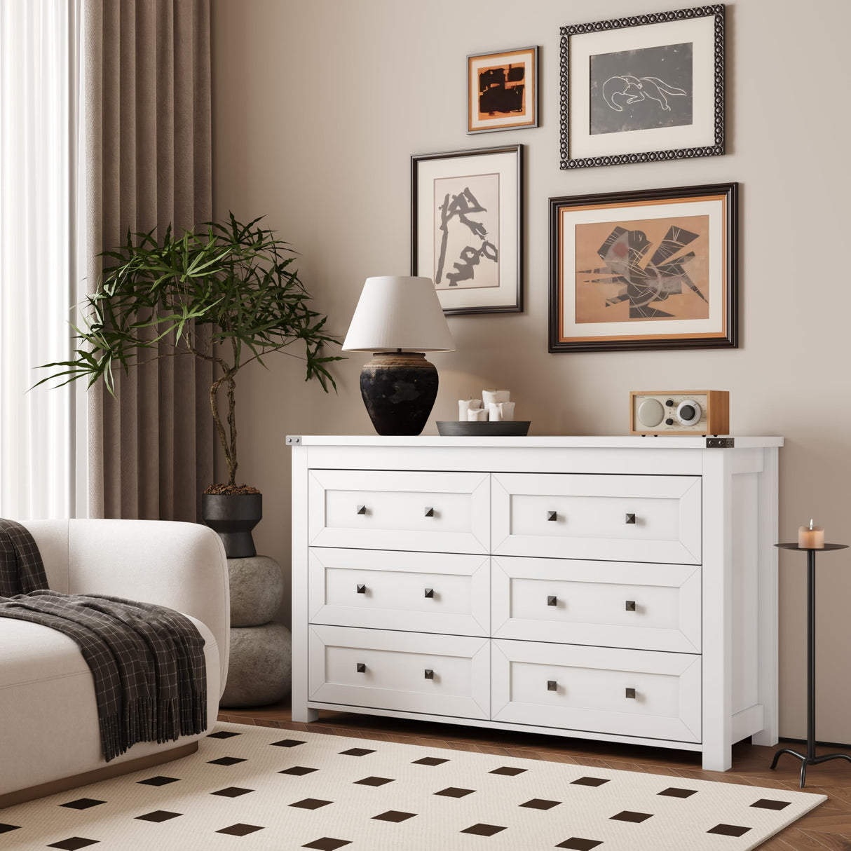 Dresser for Bedroom with 6 Drawers, Farmhouse Wood Chest of Drawers, Wide TV Stand Closet Storage Furniture with Metal Handle, Modern Clothes Organizer for Hallway, Living Room, Entryway, White Xixini