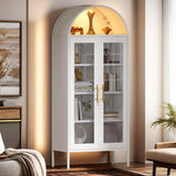 DWVO Arched Display Cabinet with Glass Doors, 71" Tall Storage Organizer Cabinet with Adjustable Shelves, Curio Cabinet with LED Lights, 5 Tier Bookcase for Collectibles Living Room Office, White DWVO