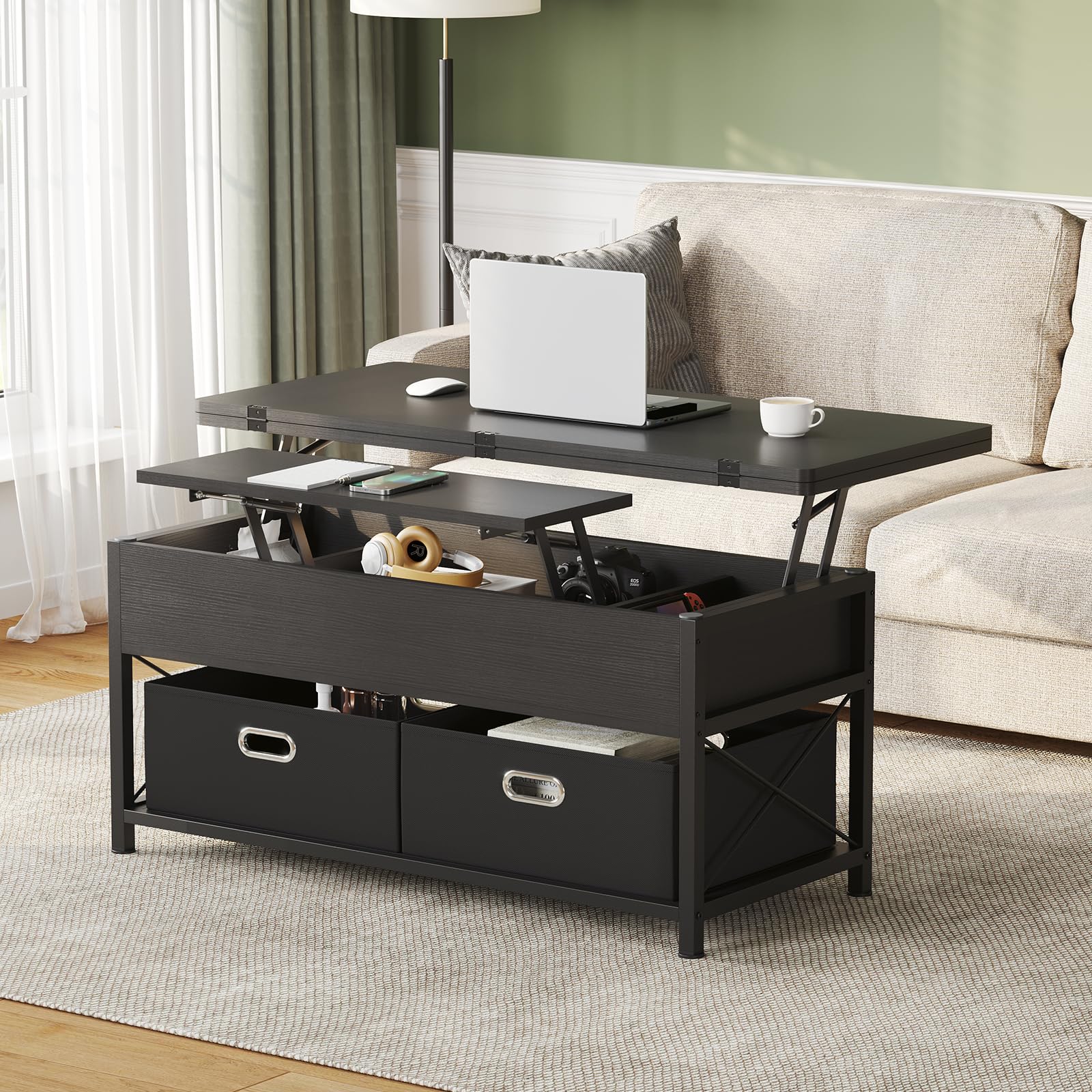 VIGKOOK Lift Top Coffee Table, 4 in 1 Multi-Function Dining Table with Hidden Compartment and 2 Drawers, Convertible Square Center Table for Living Room Reception Home Office (Black) - WoodArtSupply