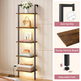 Tajsoon 5-Tier Ladder Shelf with LED Light, Wall Mounted Ladder Bookshelf with Metal Frame, Wall Ladder Bookshelf for Living Room, Bedroom, Office, Rustic Brown Tajsoon
