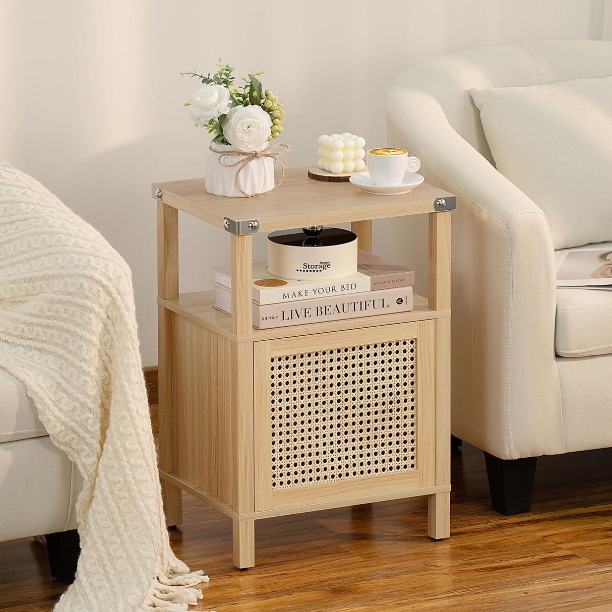 Lerliuo Rattan Nightstand, Boho Side End Table with Handmade Natural Rattan Decorated Door and Open Shelf, Wood Accent Night Stand with Storage, Bedside tables for Bedroom, Living Room (Natural) Lerliuo