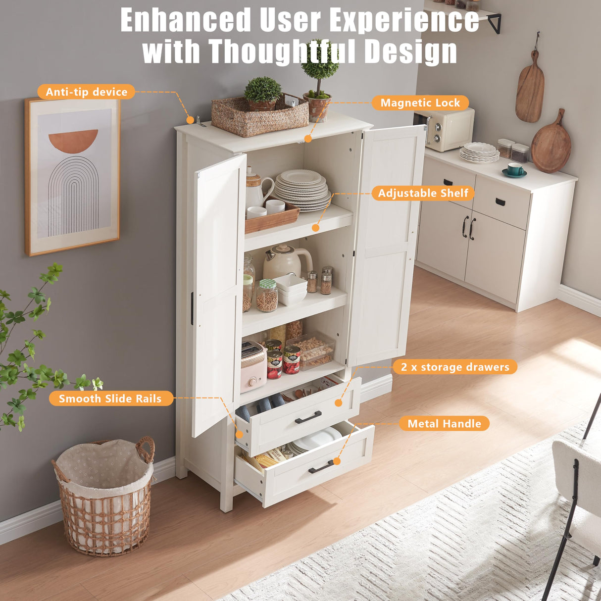 Alaxgumrol Kitchen Pantry Storage Cabinet, Food Pantry Cabinet with 2 Drawers & Adjustable Shelves & Barn Doors, Farmhouse Wood Pantry for Kitchen, Dining Room, Living Room, Bathroom, White Alaxgumrol