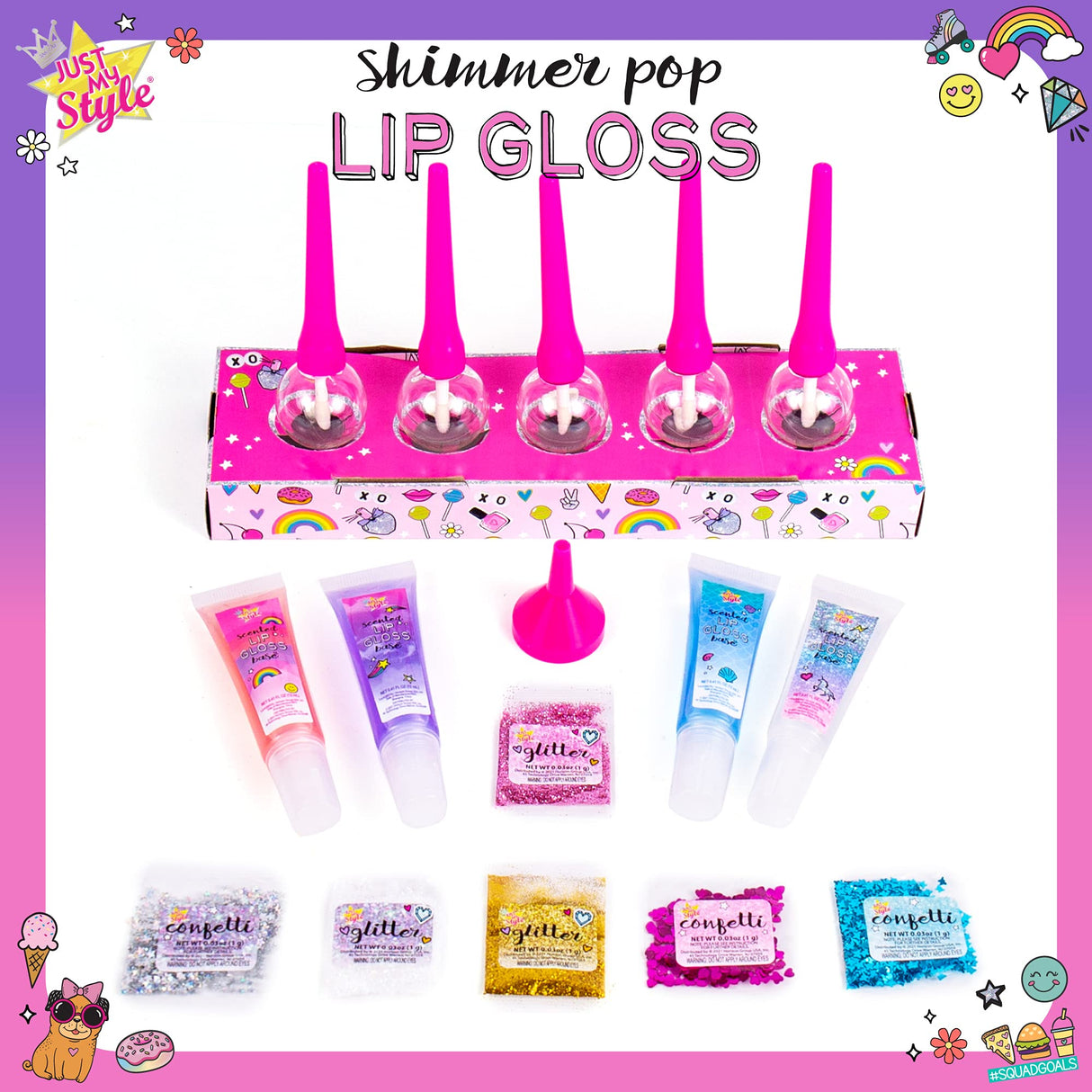 Just My Style Shimmer Pop Lip Gloss, Create 5 Lollipop-Shaped Lip Glosses, Includes Funnel, Empty Lip Gloss Containers, Sweet Lip Gloss Base, Body Glitter & More, DIY Lip Gloss, Multi (208316J) Just My Style