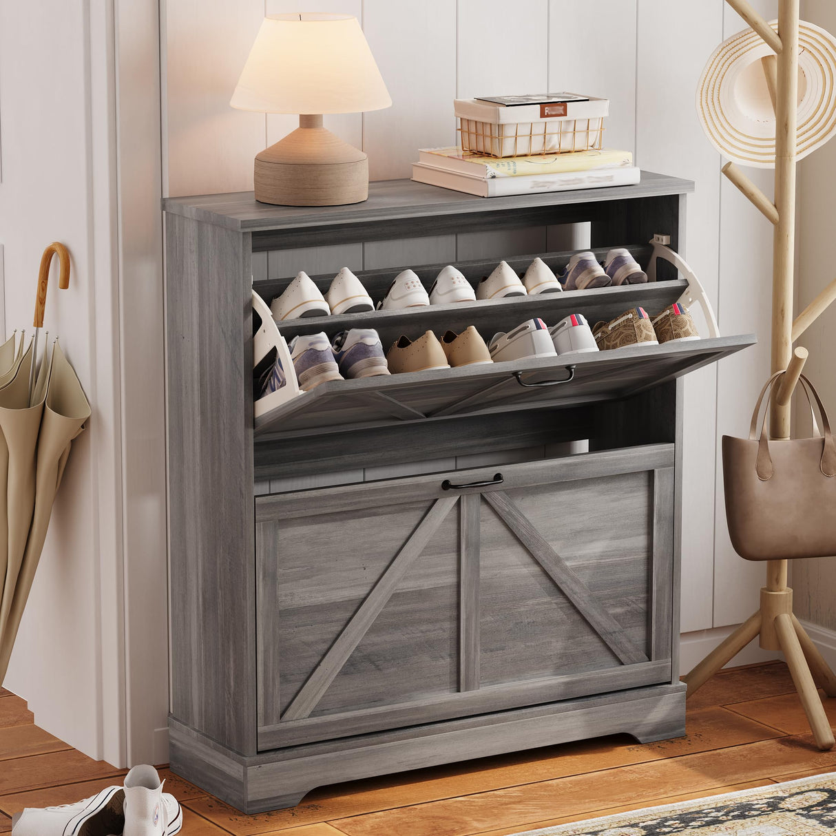 Semiocthome Farmhouse Shoe Storage Cabinet with 2 Flip Drawers, 31.5"(W) Freestanding Shoe Organizer with Barn Door and Metal Handles for Entryway, Corner Rustic Narrow Shoe Rack Cabinet - Washed Gray Semiocthome
